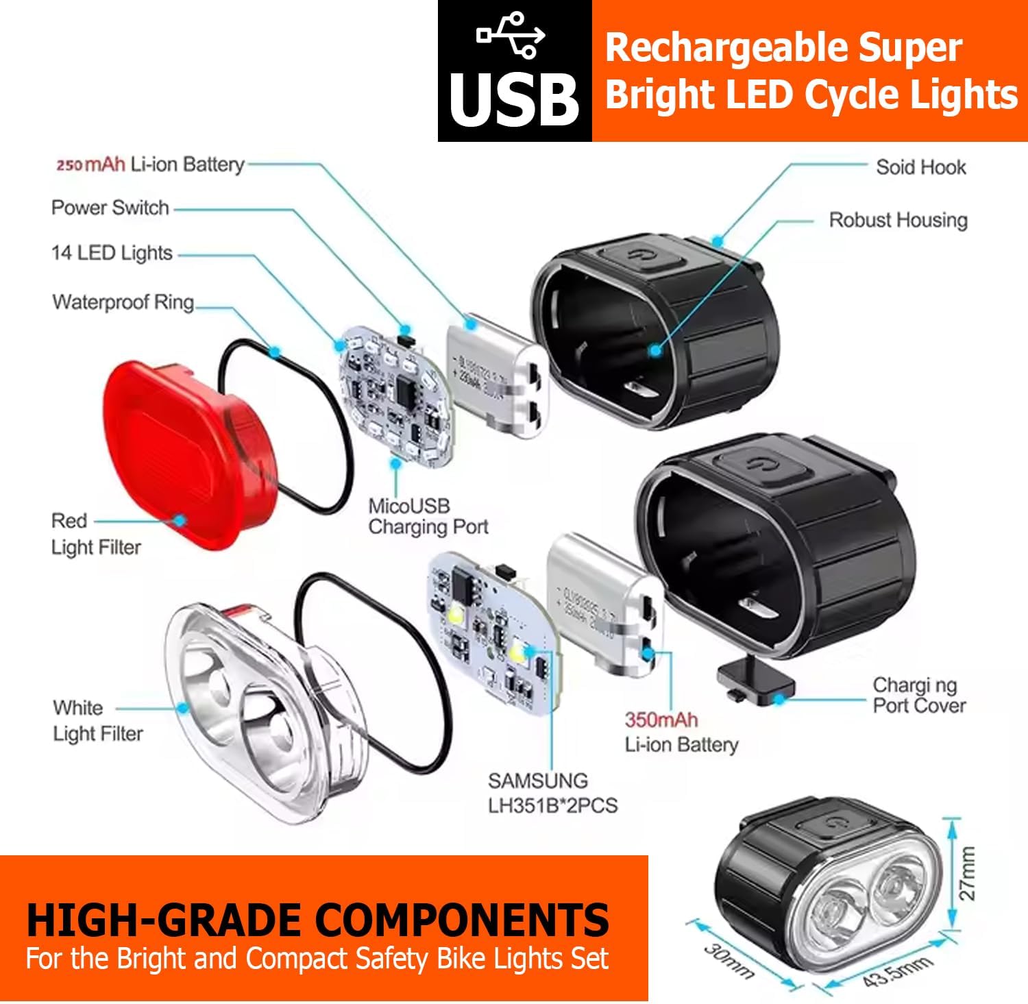Bike Lights, Bicycle bike front rear Led Lights for bicycle bike front and back headlights Taillights, USB Rechargeable Waterproof Super Bright LED light for Bike Bicycle front and rear safety Lights