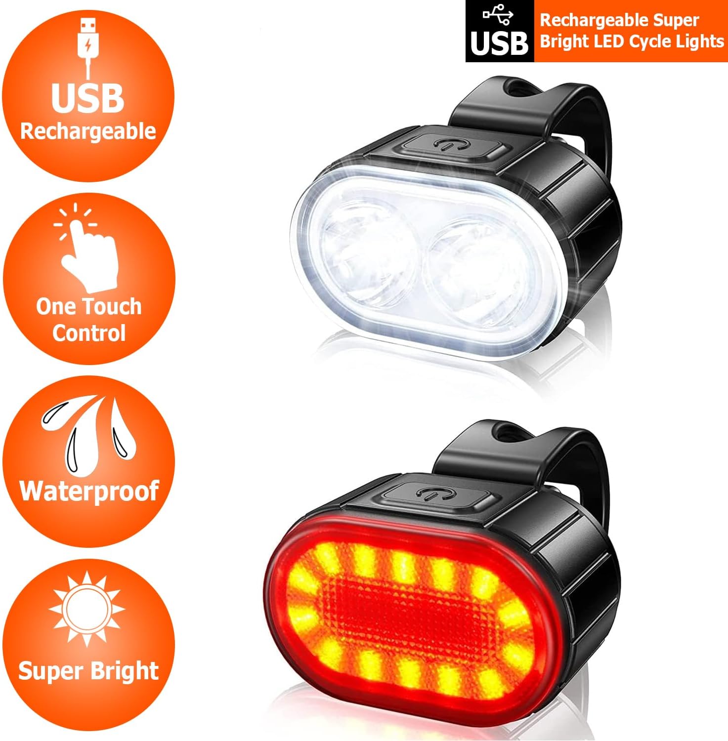 Bike Lights, Bicycle bike front rear Led Lights for bicycle bike front and back headlights Taillights, USB Rechargeable Waterproof Super Bright LED light for Bike Bicycle front and rear safety Lights
