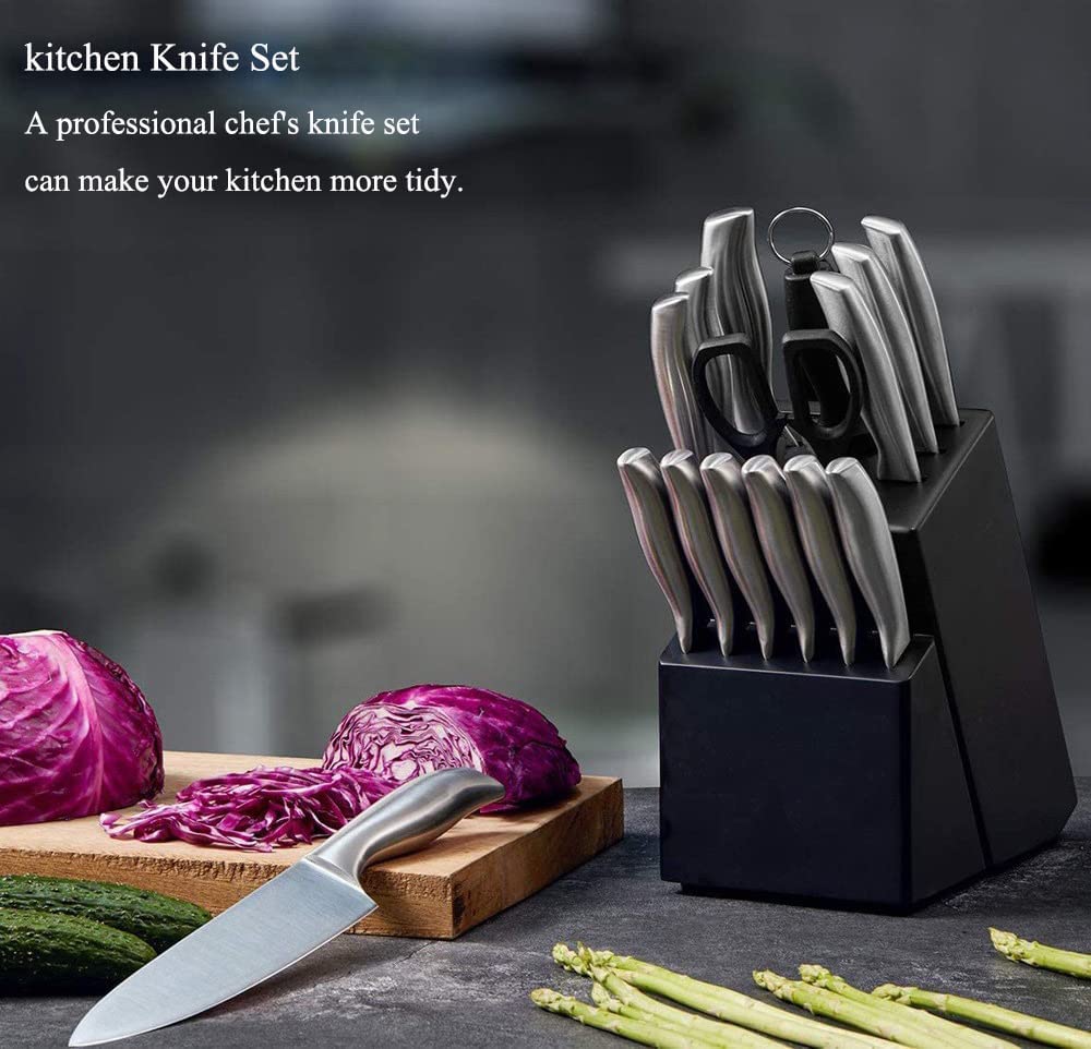 16-Piece Kitchen Knife Set with Wooden Block - BBQ Barbeque Chef Knife, Bread Knife, Sharpener, and More - Complete Knife Set for Versatile Cooking and Precise Cutting