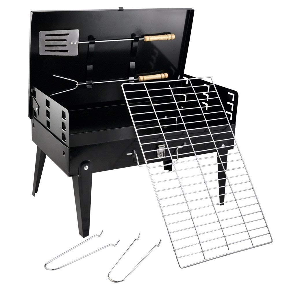 Black Iron Charcoal BBQ Grill with Accessories Portable Folding Perfect for Outdoor Barbecue Adjustable Height Garden Decking Camping Beach Patio