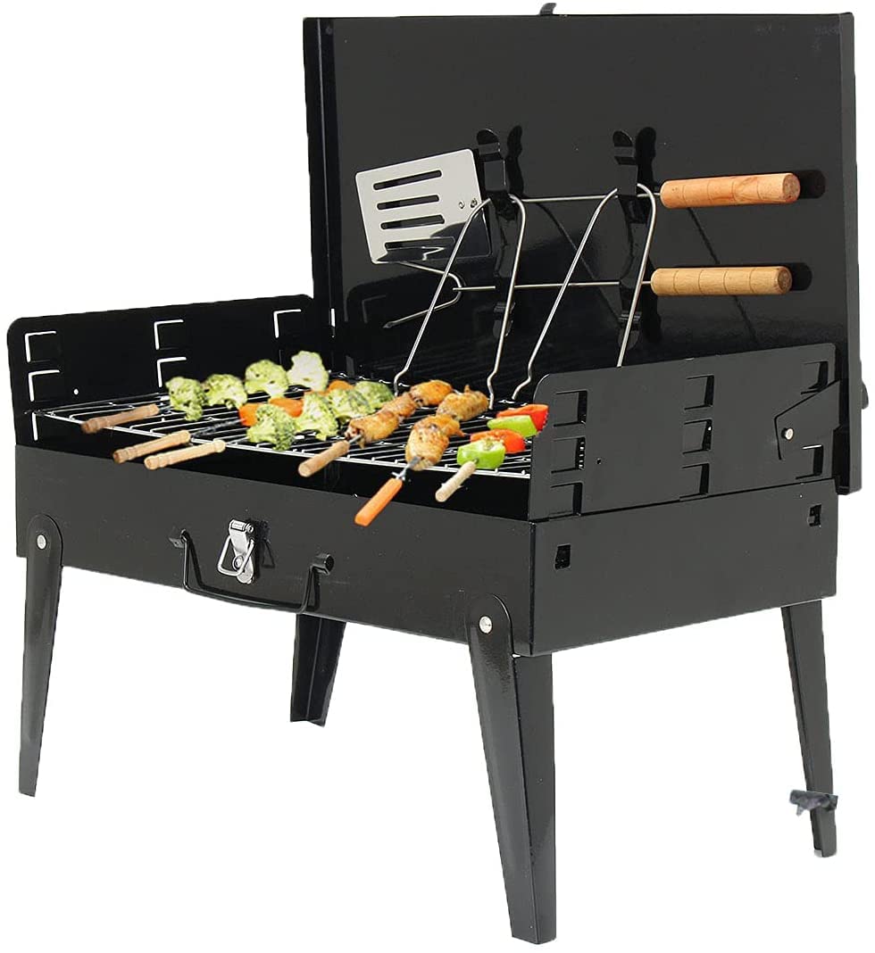 Black Iron Charcoal BBQ Grill with Accessories Portable Folding Perfect for Outdoor Barbecue Adjustable Height Garden Decking Camping Beach Patio