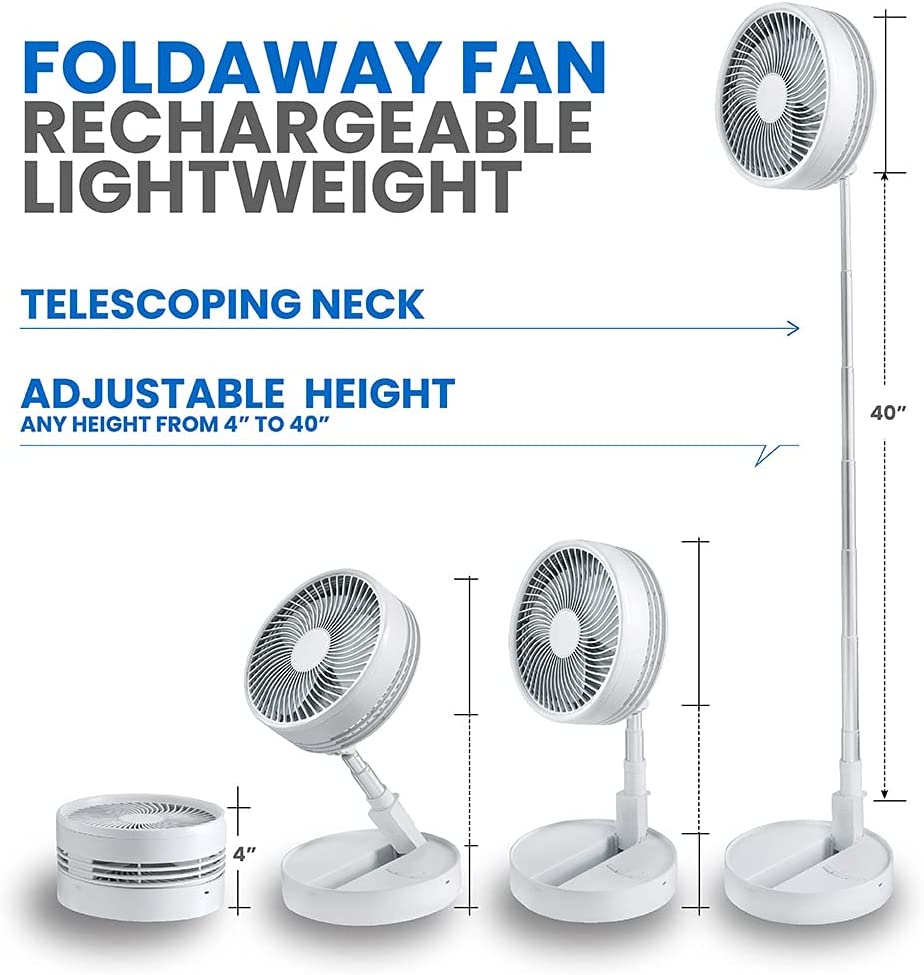 Folding Fan Portable Travel Fan Rechargeable Battery 10-Hour Life Super Quiet Cordless & Desk Extendable Floor and Table Fan