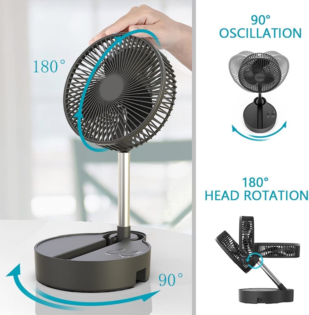 Folding Fan Portable Travel Fan Rechargeable Battery 10-Hour Life Super Quiet Cordless & Desk Extendable Floor and Table Fan