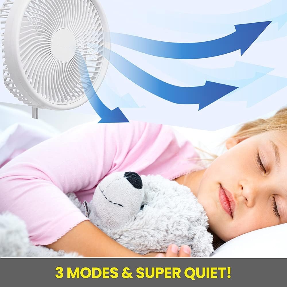 Folding Fan Portable Travel Fan Rechargeable Battery 10-Hour Life Super Quiet Cordless & Desk Extendable Floor and Table Fan