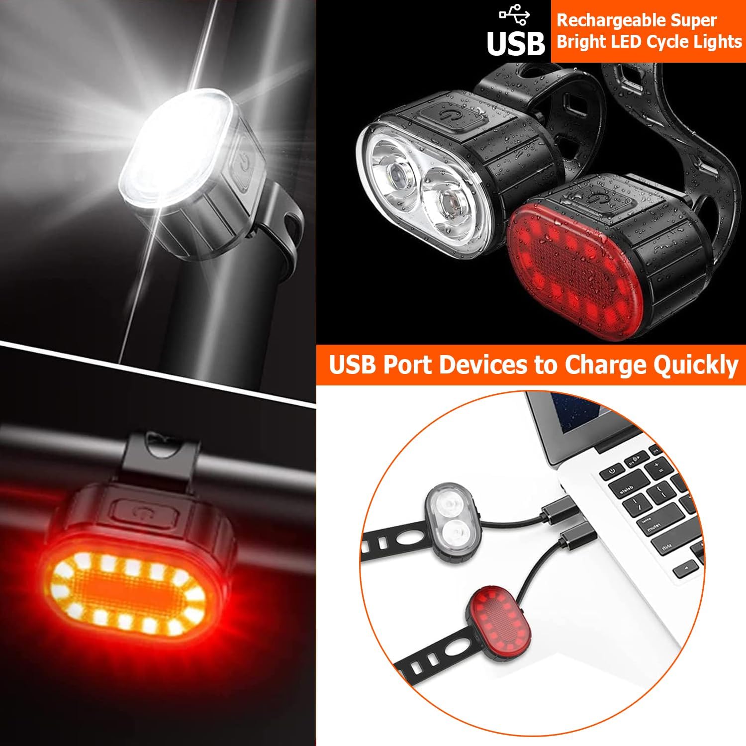 Bike Lights, Bicycle bike front rear Led Lights for bicycle bike front and back headlights Taillights, USB Rechargeable Waterproof Super Bright LED light for Bike Bicycle front and rear safety Lights