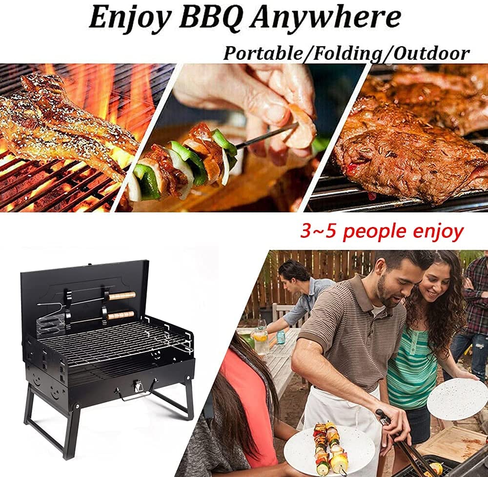 Black Iron Charcoal BBQ Grill with Accessories Portable Folding Perfect for Outdoor Barbecue Adjustable Height Garden Decking Camping Beach Patio