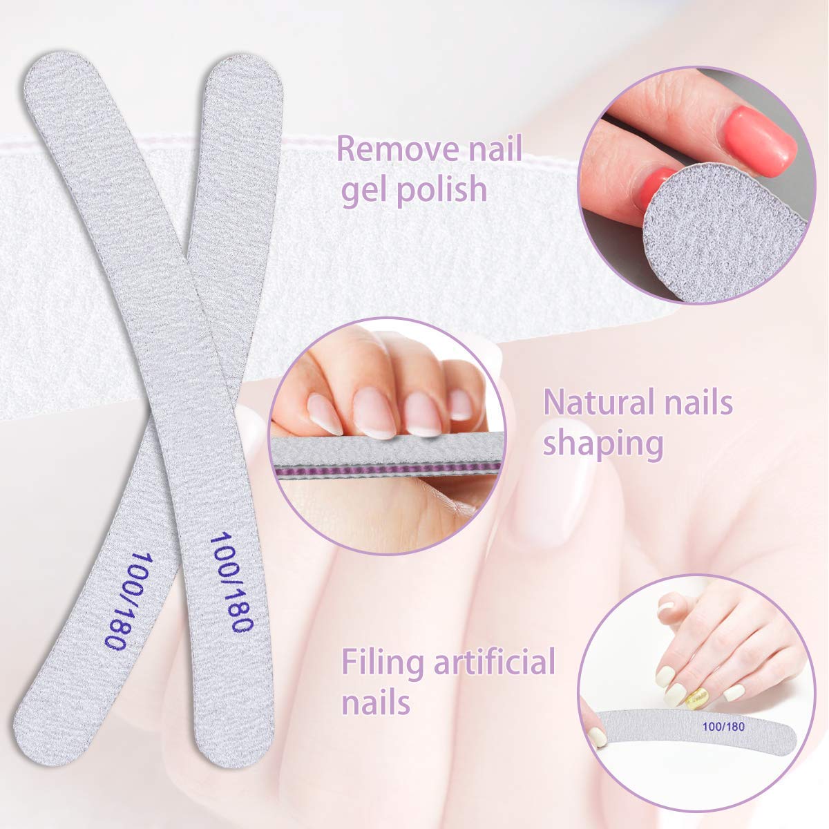 10PCS Professional Nail File Set - Curved Fingernail Files for Precise Nail Shaping - Double-Sided Emery Boards with 100/180 Grit - Ideal Manicure Tools for Home and Salon Use (Grey)