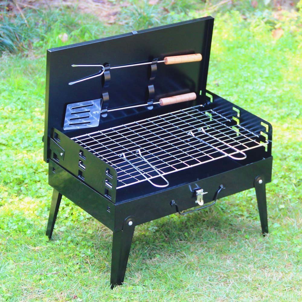 Black Iron Charcoal BBQ Grill with Accessories Portable Folding Perfect for Outdoor Barbecue Adjustable Height Garden Decking Camping Beach Patio