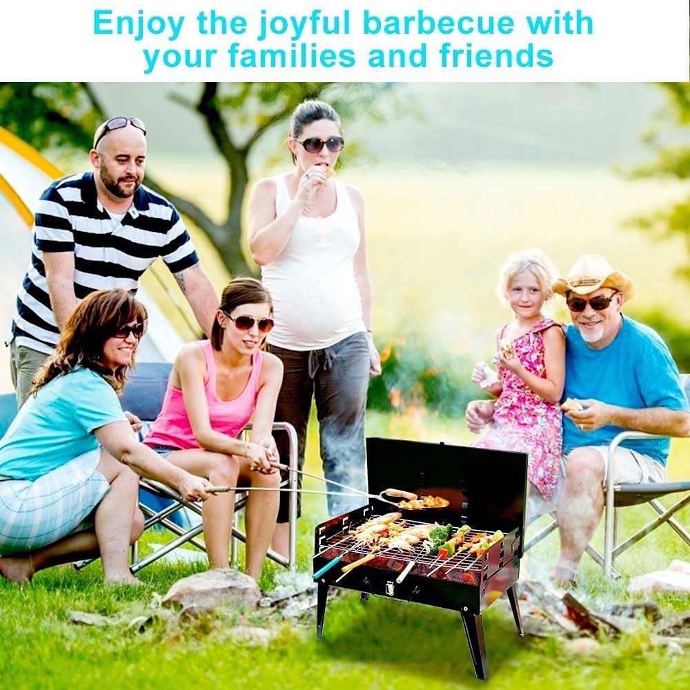 Black Iron Charcoal BBQ Grill with Accessories Portable Folding Perfect for Outdoor Barbecue Adjustable Height Garden Decking Camping Beach Patio