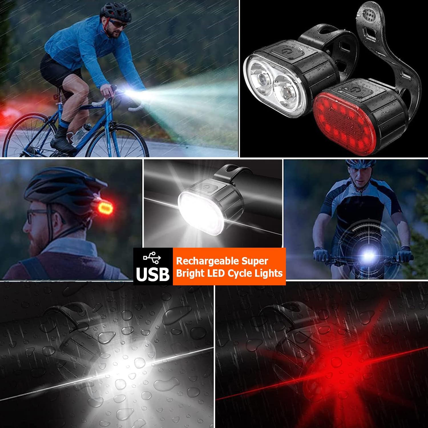 Bike Lights, Bicycle bike front rear Led Lights for bicycle bike front and back headlights Taillights, USB Rechargeable Waterproof Super Bright LED light for Bike Bicycle front and rear safety Lights