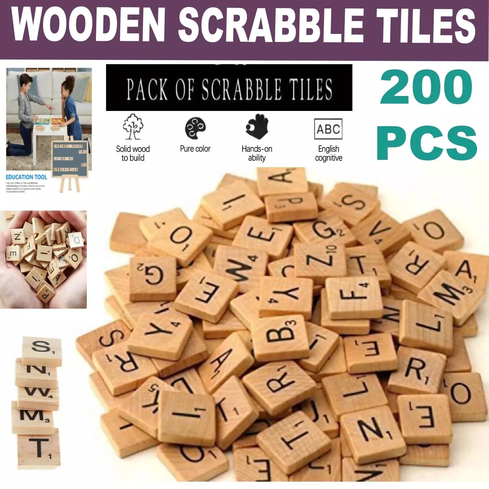 200 Wooden Scrabble Tiles, Wooden Black Letters Boards Crafts Numbers for Board Games, Crafts, ART, DIY Projects, Wall Decore Ideal for Kids Adults Creating Crafts
