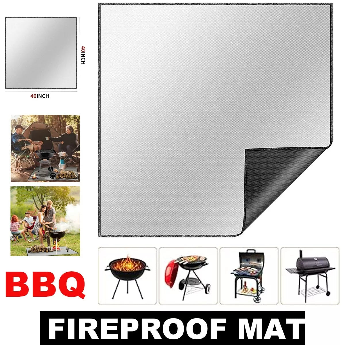Silver BBQ Fire Pit Mat Fireproof Heat Resistant Mat Deck Patio Outdoor Floor Protector