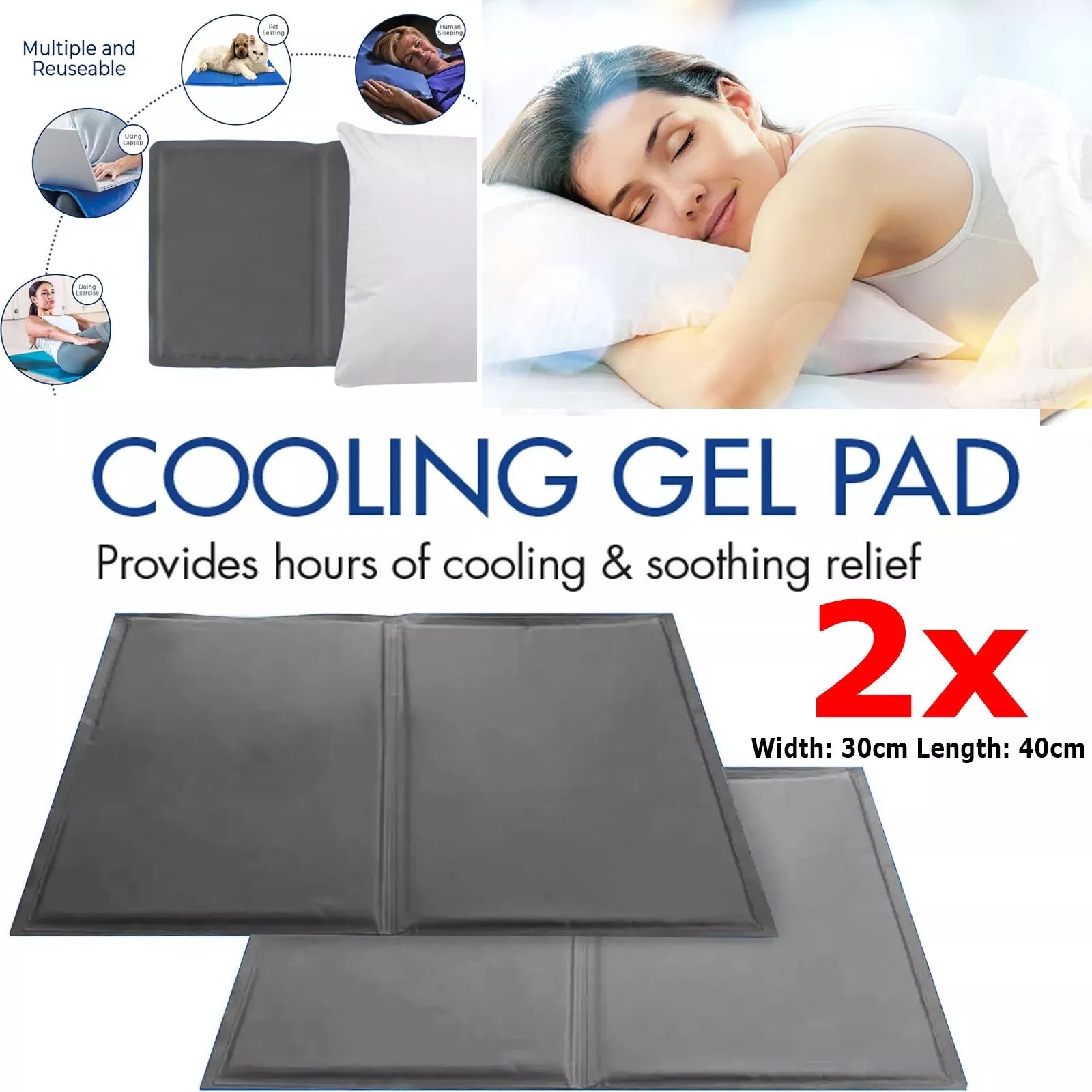 2-Pack Grey Cooling Gel Pillow -, Multipurpose Folding Design, Relief for Sleep, Fevers, Migraines, Hot Flashes, Stress - Absorbs Heat, Enhances Sleep Quality