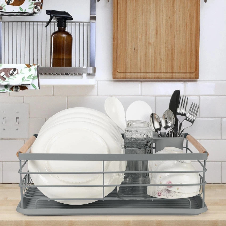 1 Tier Dish Drainer Rack Kitchen Sink Cutlery Holder Plate Rack with Drip Tray