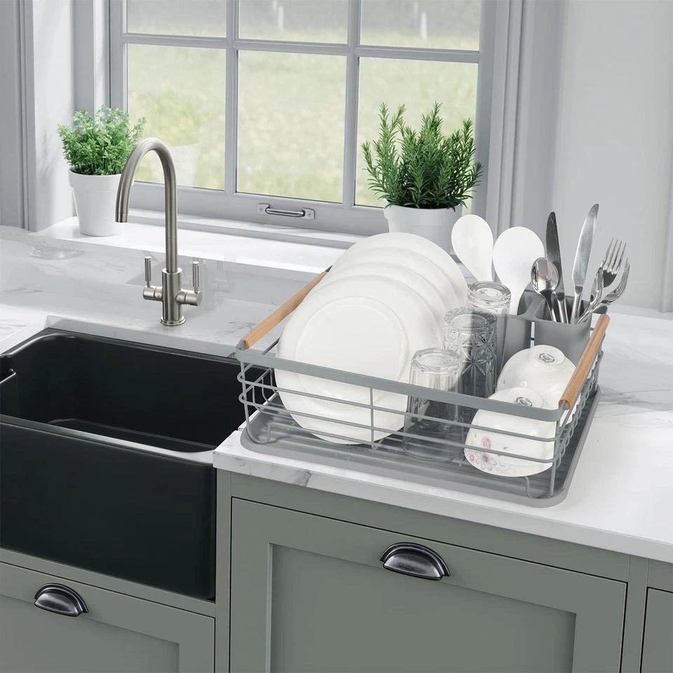 1 Tier Dish Drainer Rack Kitchen Sink Cutlery Holder Plate Rack with Drip Tray