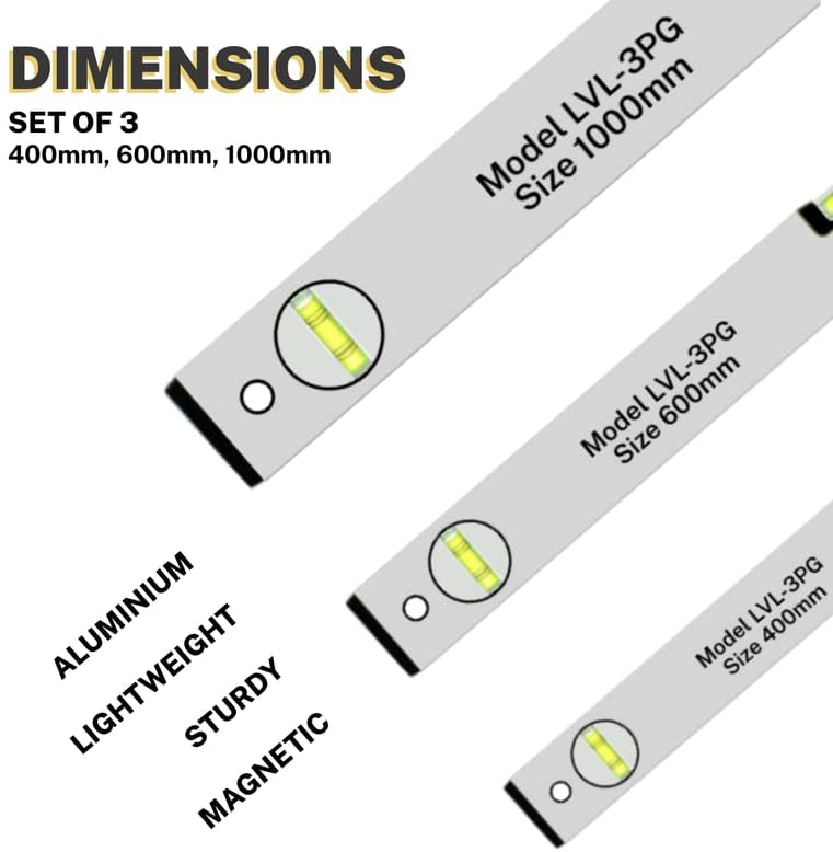 Premium 3pc Strong Aluminium Spirit Level Set - 400mm, 600mm, 1000mm - Accurate Level Tool for Construction, Woodworking, DIY, Bricklaying, Automotive, Landscaping - Silver