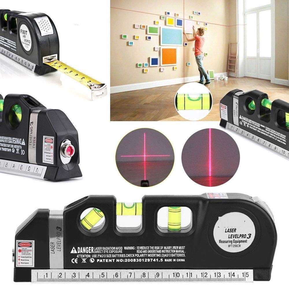 Multi-Purpose Laser Level: 3X Spirit Levels, 3X Red Laser, Tape Measure - DIY Aligner - Self Levelling Metric Rulers