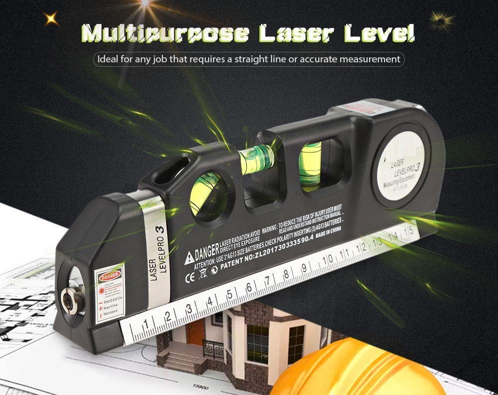 Multi-Purpose Laser Level: 3X Spirit Levels, 3X Red Laser, Tape Measure - DIY Aligner - Self Levelling Metric Rulers