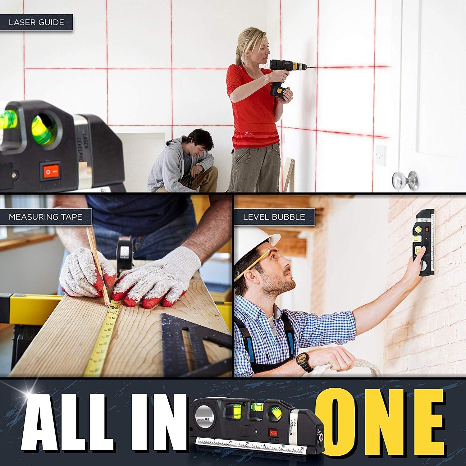 Multi-Purpose Laser Level: 3X Spirit Levels, 3X Red Laser, Tape Measure - DIY Aligner - Self Levelling Metric Rulers