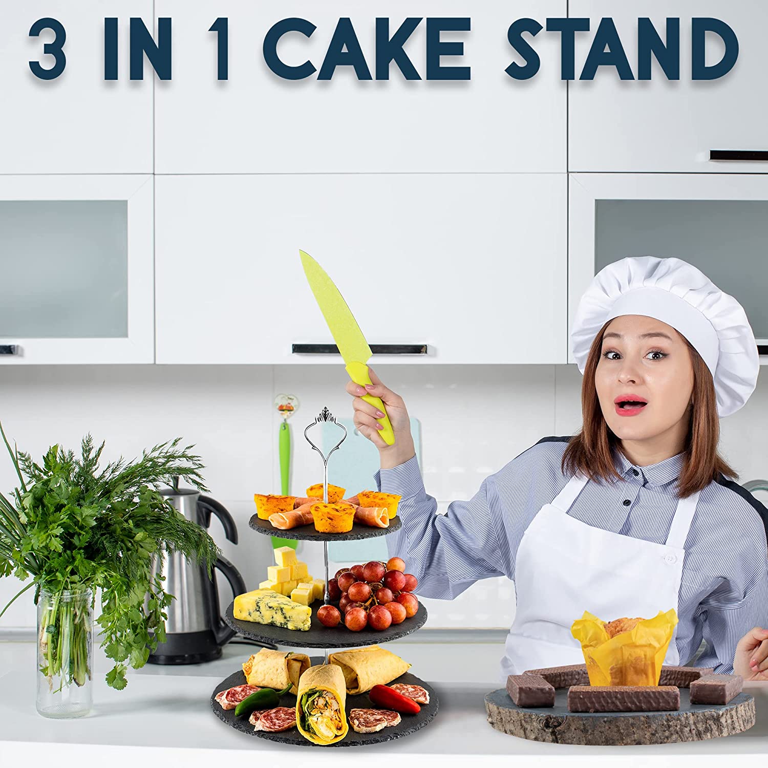 3 Tier Natural Slate Cake Stand - Perfect for Afternoon Tea, Weddings, Parties, and Elegant Tableware Display - A Stunning Cake Stand Tower that Adds Style with Crown Silver Handle