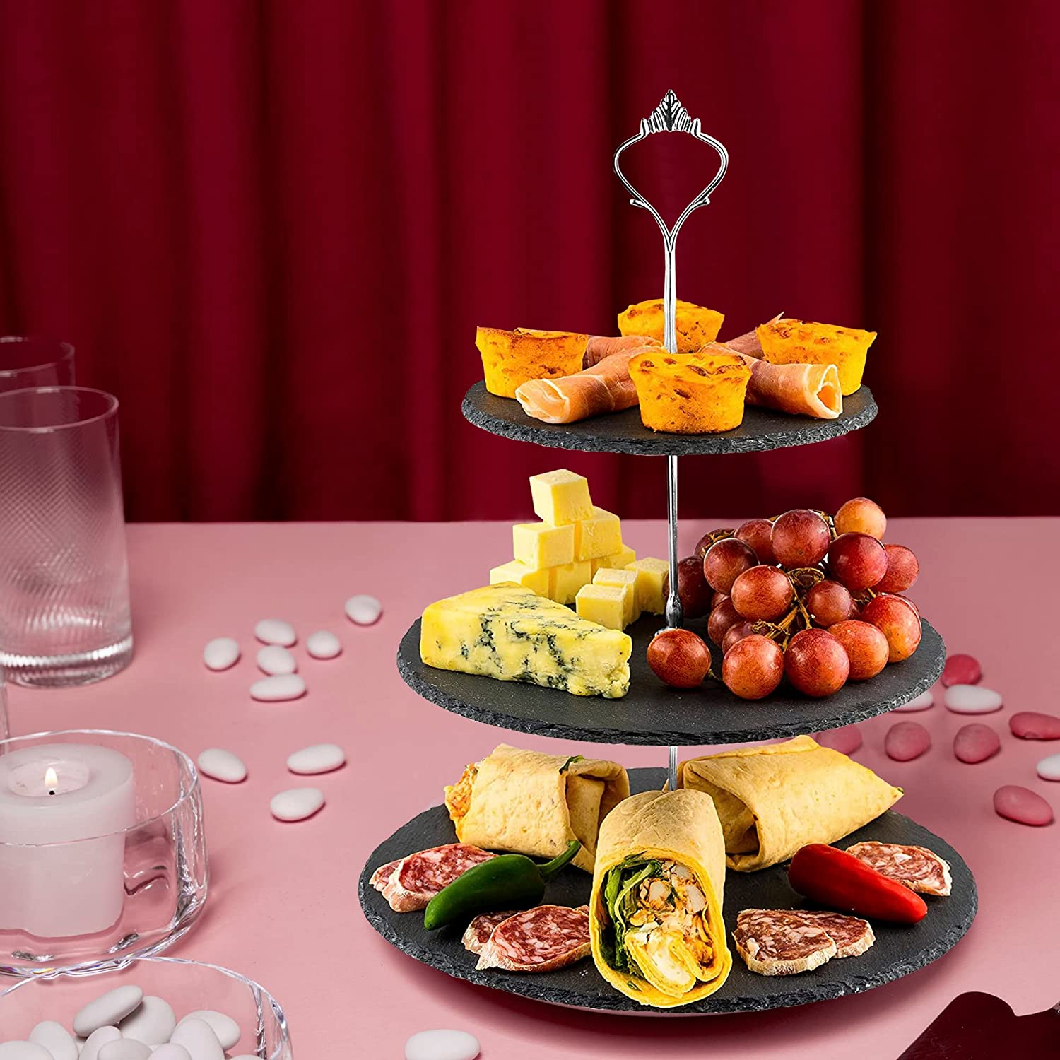 3 Tier Natural Slate Cake Stand - Perfect for Afternoon Tea, Weddings, Parties, and Elegant Tableware Display - A Stunning Cake Stand Tower that Adds Style with Crown Silver Handle